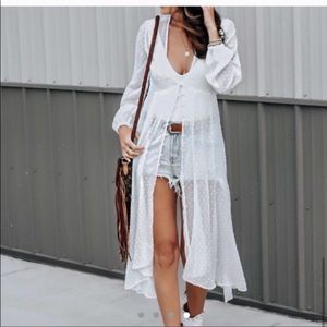 EXPRESS ROCKY BARNES White DOT SHEER BUTTON FRONT KIMONO DRESS Cover XS Duster